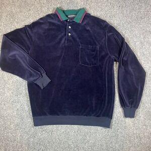 Chesterfield Velour Polo Shirt Mens Large Navy Blue Long Sleeve Vintage Made USA